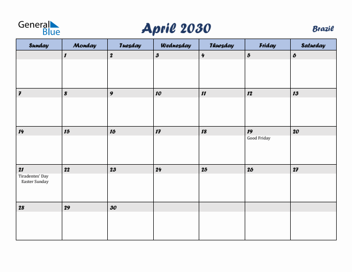 April 2030 Calendar with Holidays in Brazil