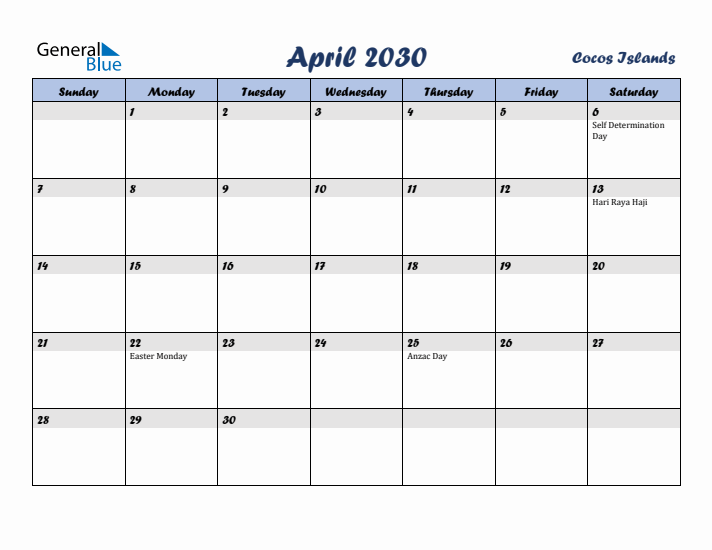 April 2030 Calendar with Holidays in Cocos Islands
