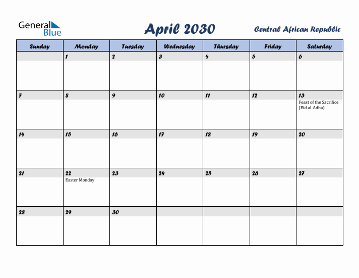 April 2030 Calendar with Holidays in Central African Republic