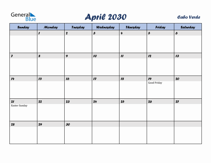 April 2030 Calendar with Holidays in Cabo Verde
