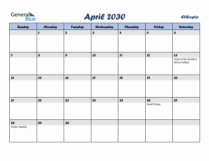 April 2030 Calendar with Holidays in Ethiopia