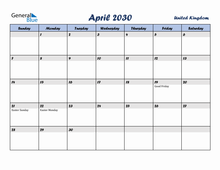 April 2030 Calendar with Holidays in United Kingdom