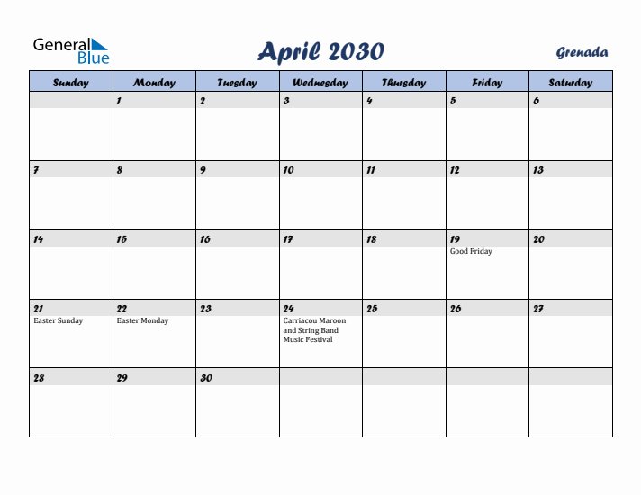 April 2030 Calendar with Holidays in Grenada
