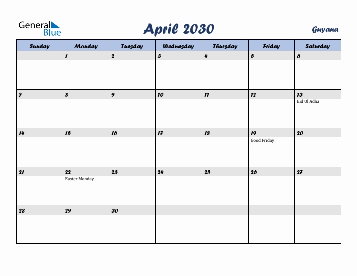 April 2030 Calendar with Holidays in Guyana