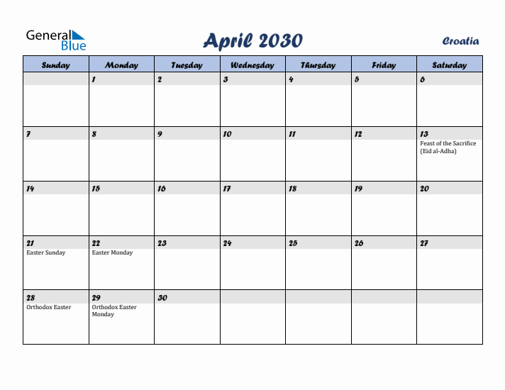 April 2030 Calendar with Holidays in Croatia