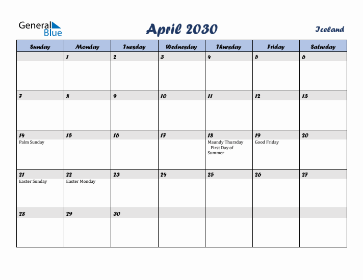 April 2030 Calendar with Holidays in Iceland