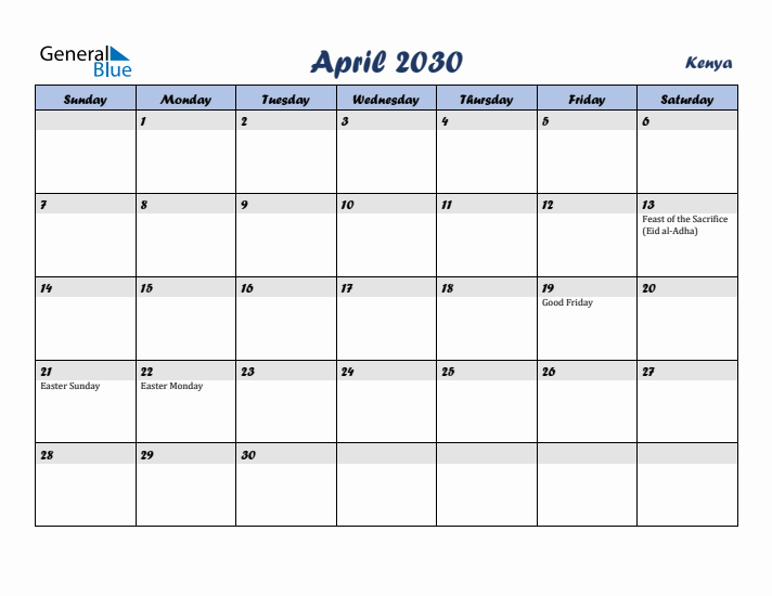 April 2030 Calendar with Holidays in Kenya