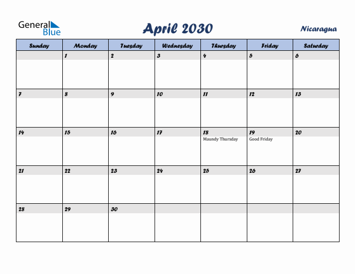 April 2030 Calendar with Holidays in Nicaragua