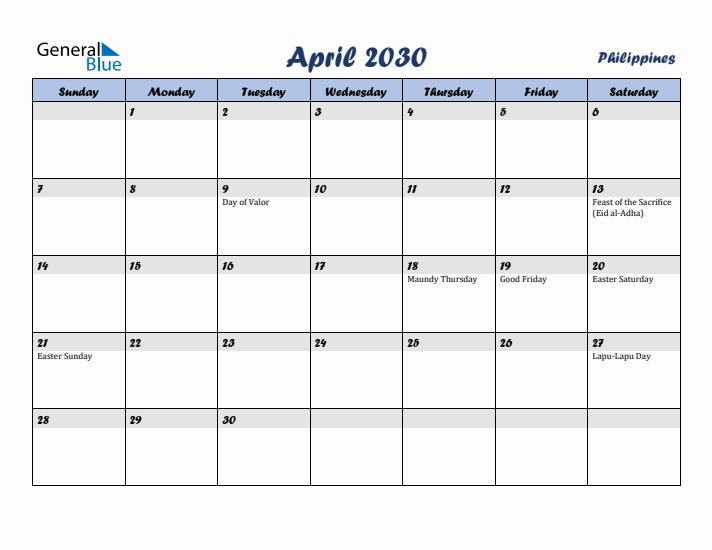 April 2030 Calendar with Holidays in Philippines