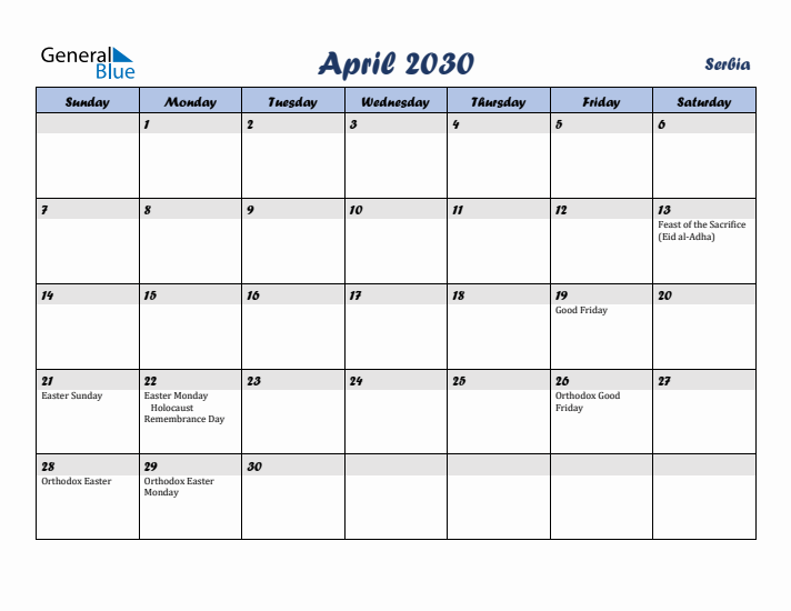 April 2030 Calendar with Holidays in Serbia