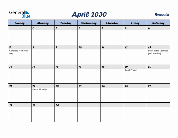 April 2030 Calendar with Holidays in Rwanda