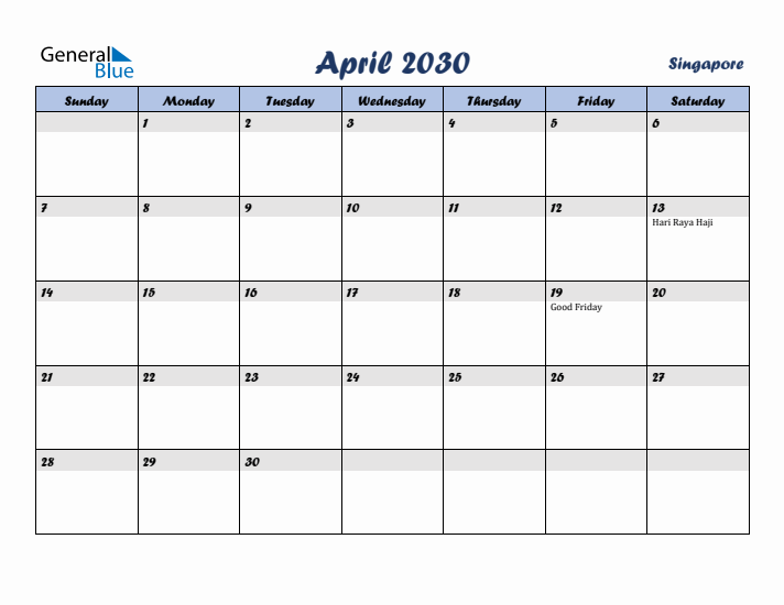 April 2030 Calendar with Holidays in Singapore