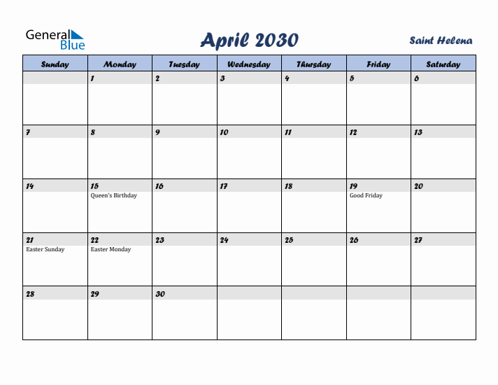 April 2030 Calendar with Holidays in Saint Helena