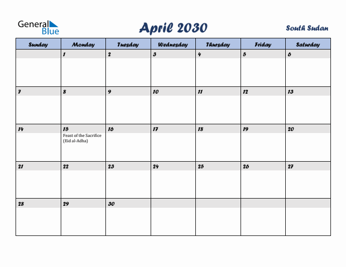 April 2030 Calendar with Holidays in South Sudan