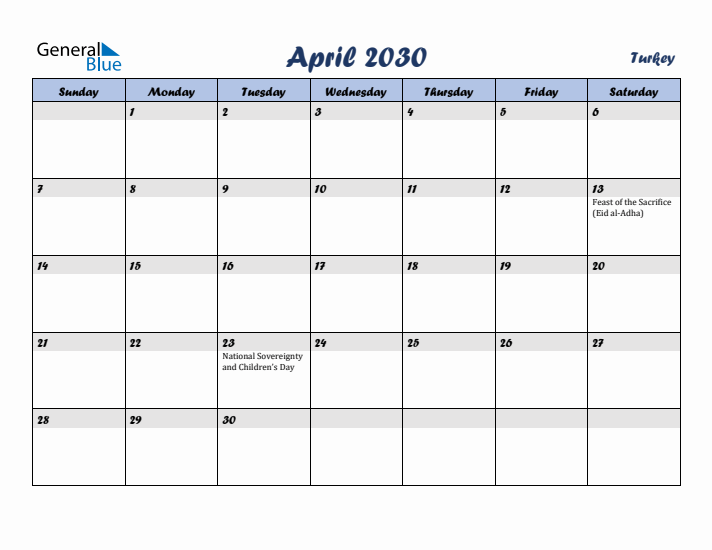 April 2030 Calendar with Holidays in Turkey