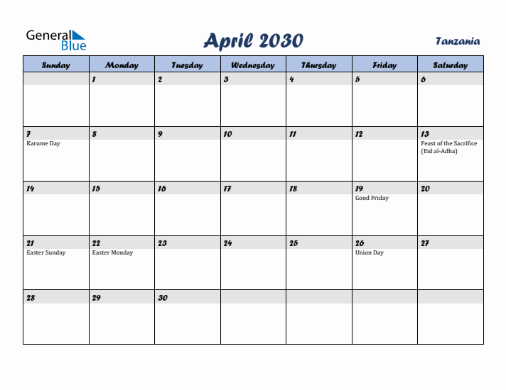 April 2030 Calendar with Holidays in Tanzania