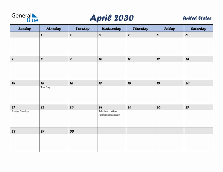April 2030 Calendar with Holidays in United States