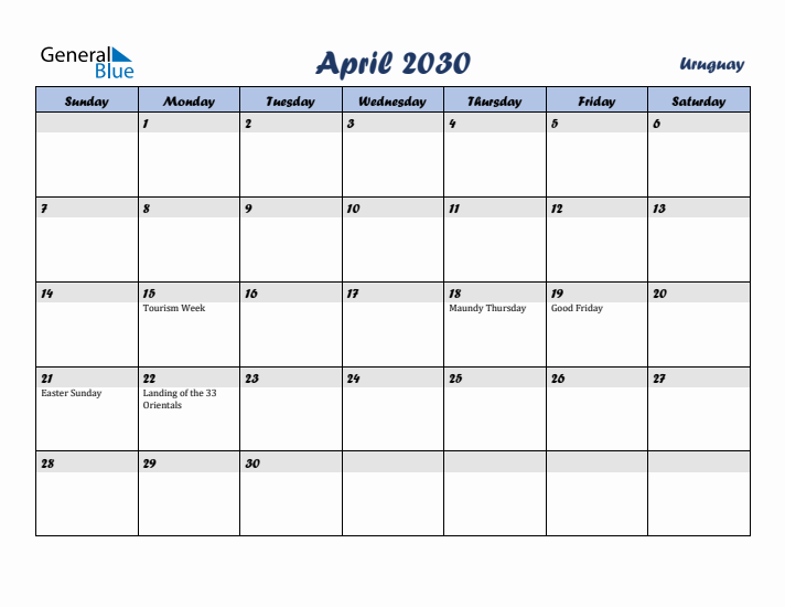 April 2030 Calendar with Holidays in Uruguay