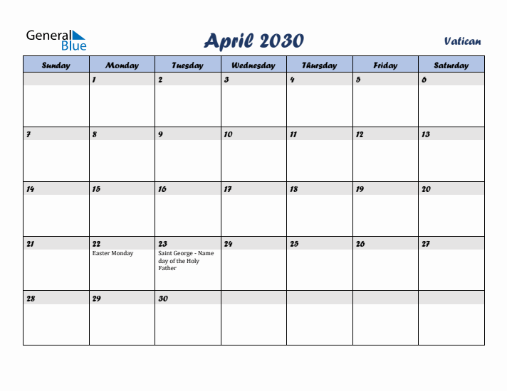 April 2030 Calendar with Holidays in Vatican