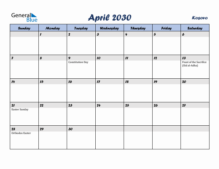 April 2030 Calendar with Holidays in Kosovo