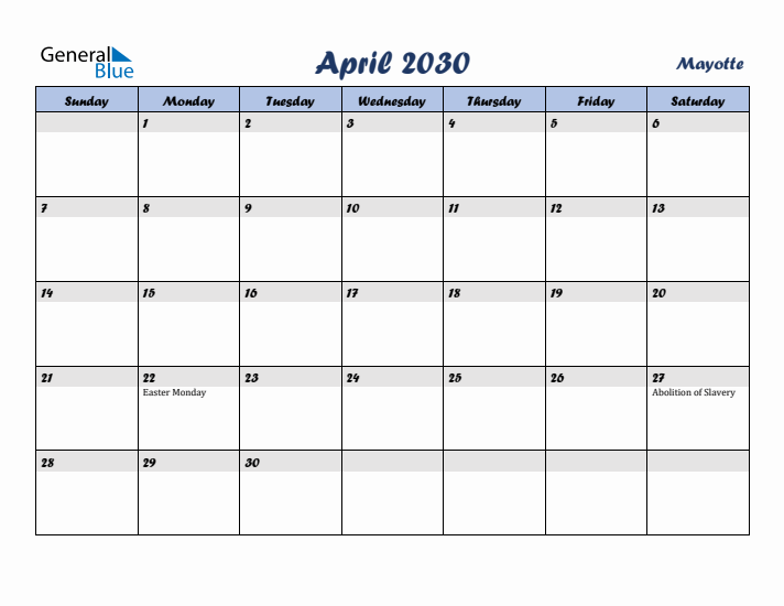 April 2030 Calendar with Holidays in Mayotte