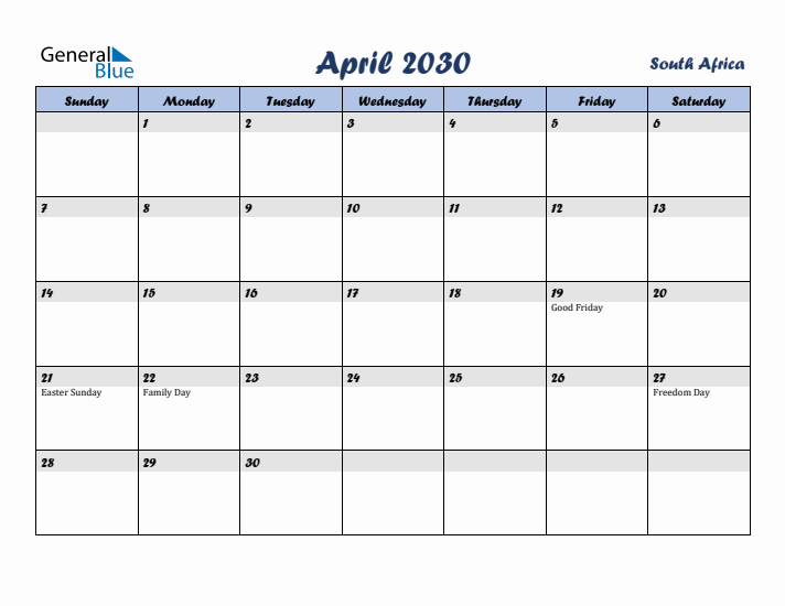 April 2030 Calendar with Holidays in South Africa