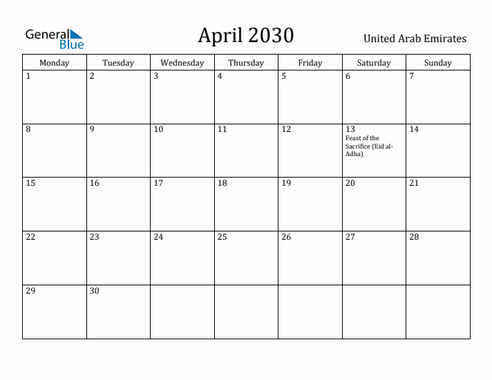 April 2030 Calendar United Arab Emirates