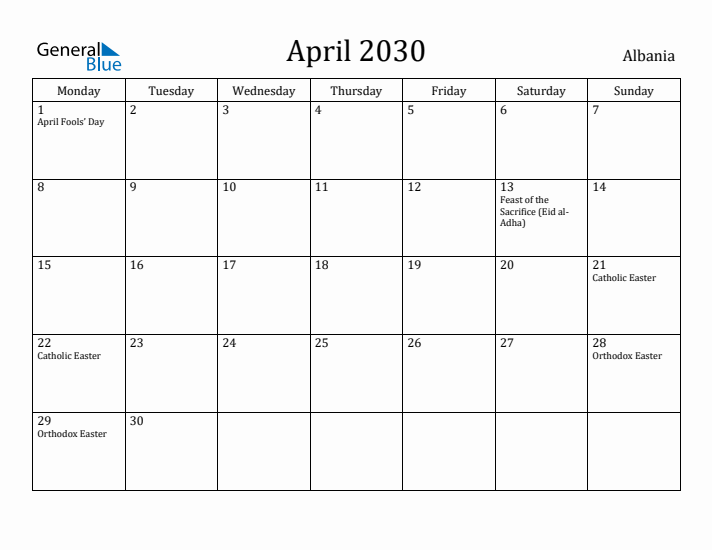 April 2030 Calendar Albania