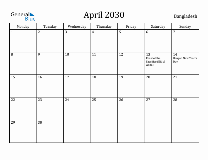 April 2030 Calendar Bangladesh