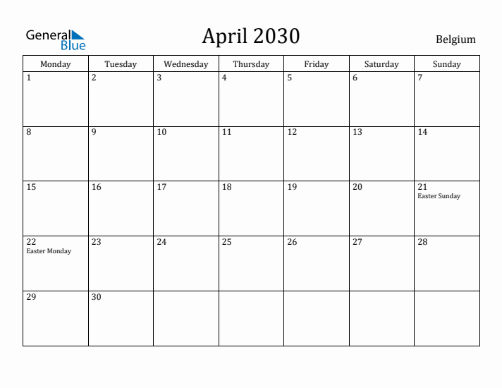 April 2030 Calendar Belgium