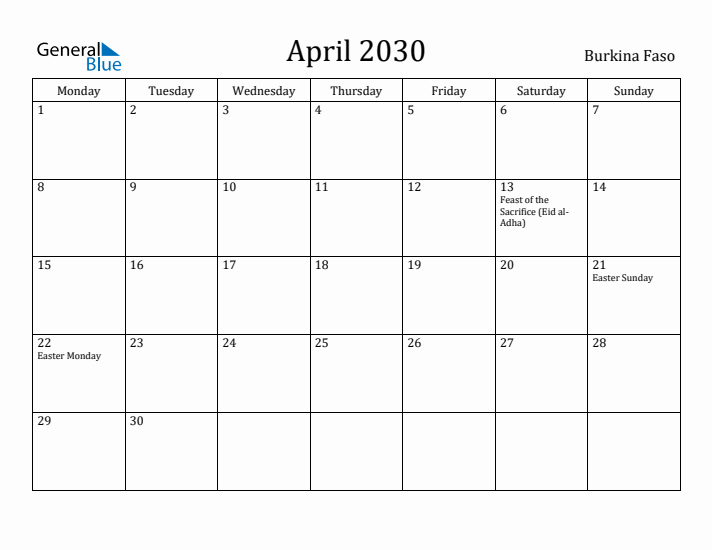 April 2030 Calendar Burkina Faso