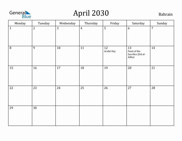 April 2030 Calendar Bahrain