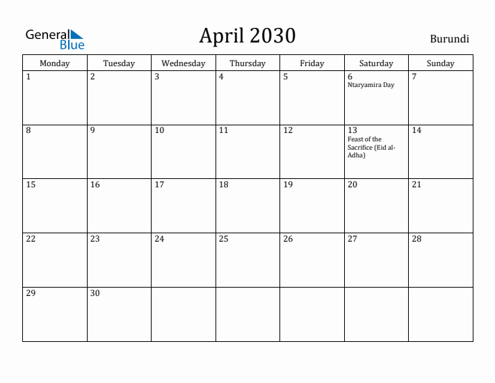 April 2030 Calendar Burundi