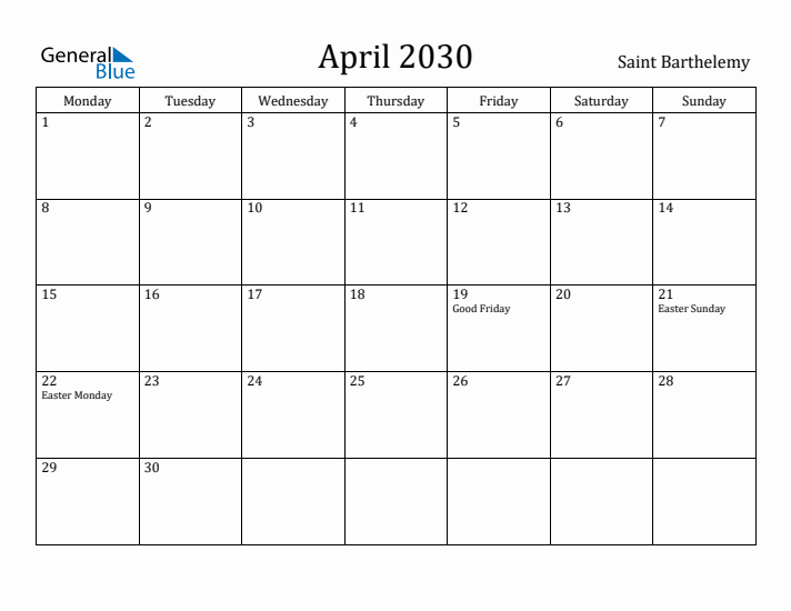 April 2030 Calendar Saint Barthelemy