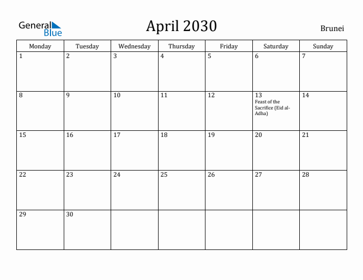 April 2030 Calendar Brunei