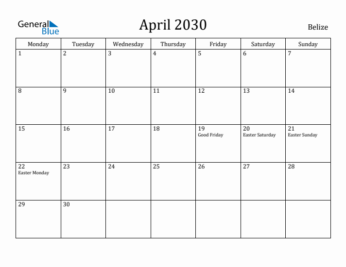 April 2030 Calendar Belize