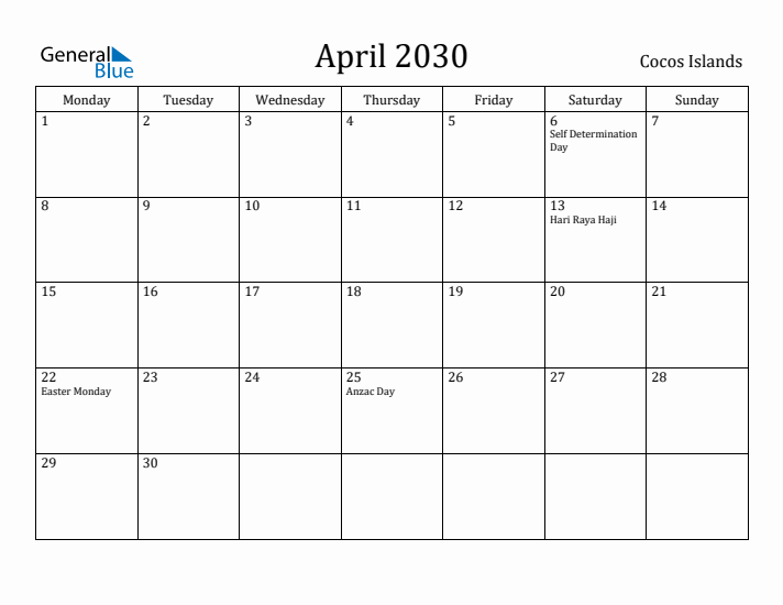 April 2030 Calendar Cocos Islands