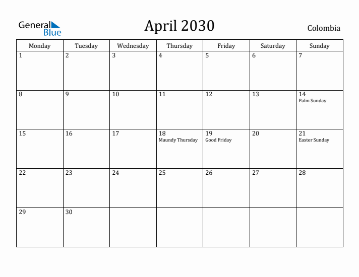 April 2030 Calendar Colombia