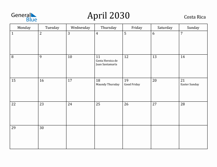 April 2030 Calendar Costa Rica