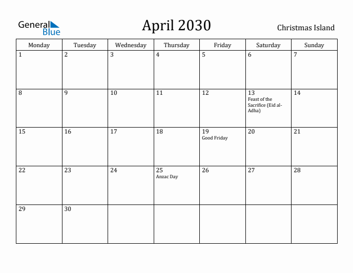 April 2030 Calendar Christmas Island