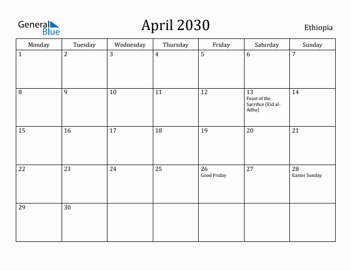 April 2030 Calendar Ethiopia