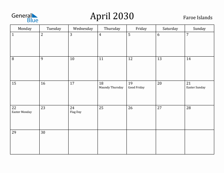 April 2030 Calendar Faroe Islands