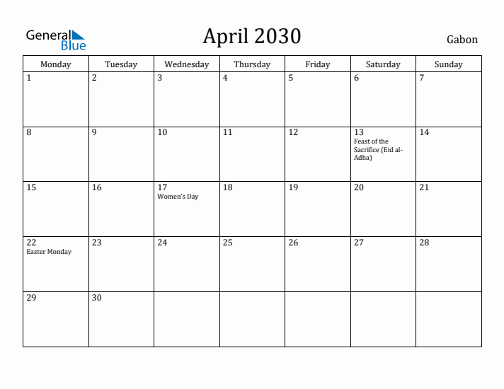 April 2030 Calendar Gabon