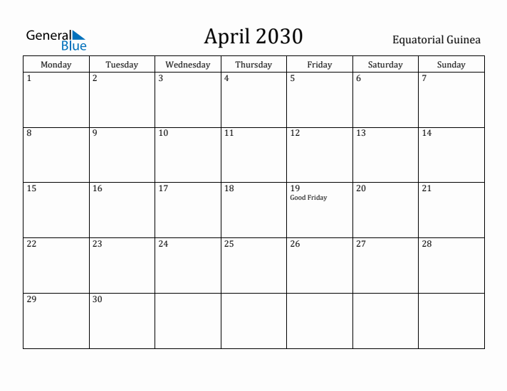 April 2030 Calendar Equatorial Guinea