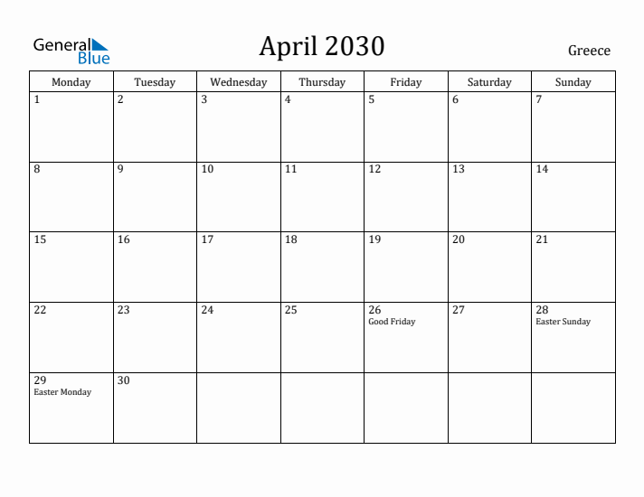 April 2030 Calendar Greece