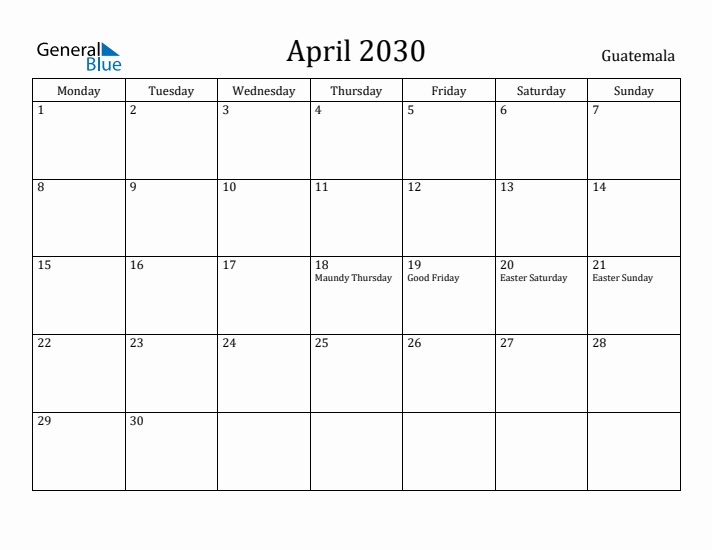 April 2030 Calendar Guatemala