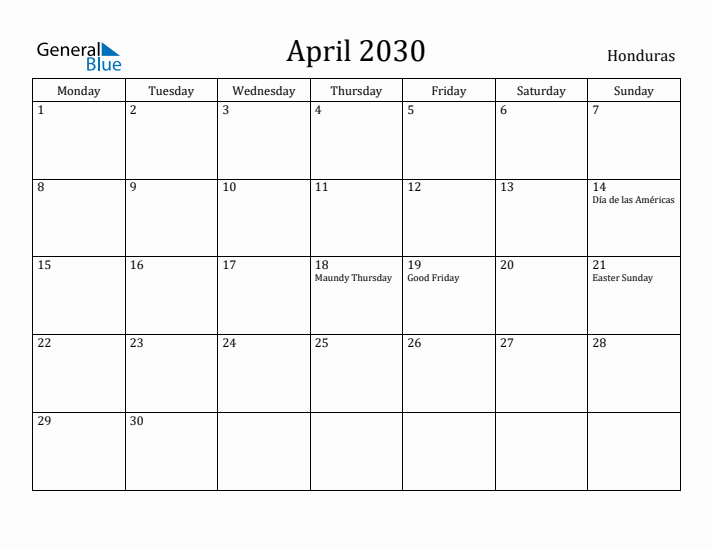 April 2030 Calendar Honduras