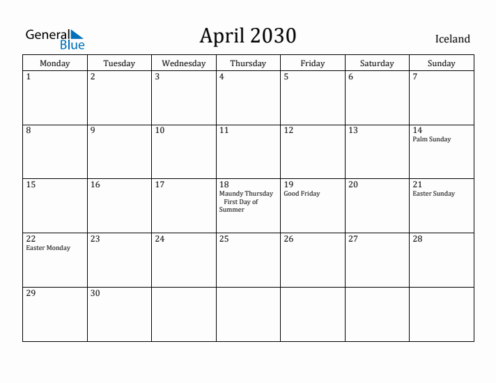 April 2030 Calendar Iceland