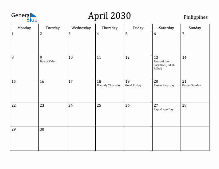 April 2030 Calendar Philippines