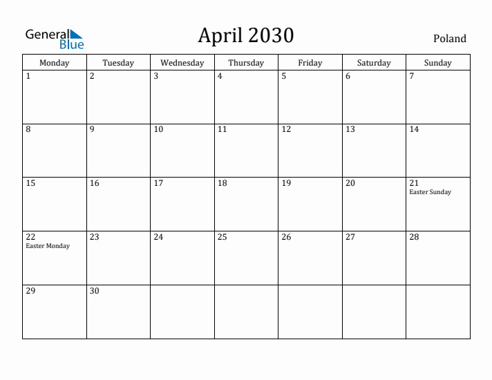 April 2030 Calendar Poland